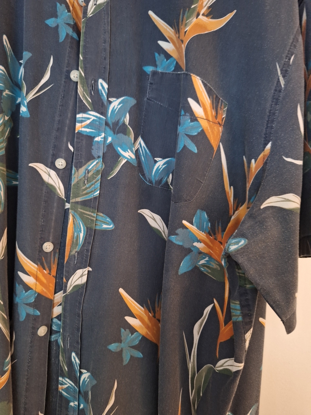 Vintage Navy Blue Hawaiian Button-Down Shirt with Teal and Orange Floral Print